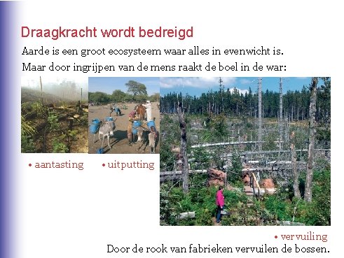 Draagkracht wordt bedreigd Aarde is een groot ecosysteem waar alles in evenwicht is. Maar