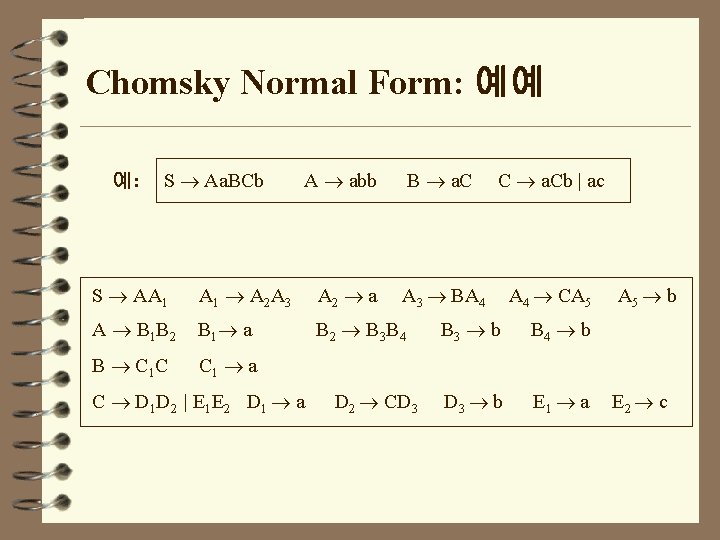 Chomsky Normal Form: 예예 예: S Aa. BCb A abb B a. C C