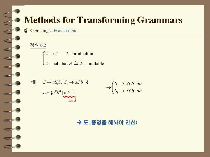 Methods for Transforming Grammars ③ Removing λ-Productions no λ 또, 증명을 해놔야 안심! 