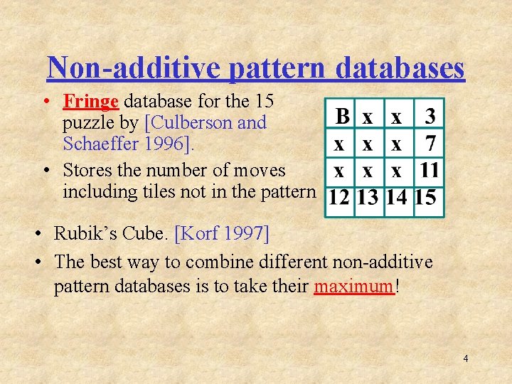 Non-additive pattern databases • Fringe database for the 15 puzzle by [Culberson and Schaeffer