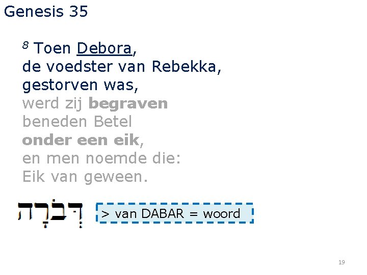 Genesis 35 Toen Debora, de voedster van Rebekka, gestorven was, werd zij begraven beneden