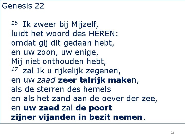 Genesis 22 Ik zweer bij Mijzelf, luidt het woord des HEREN: omdat gij dit