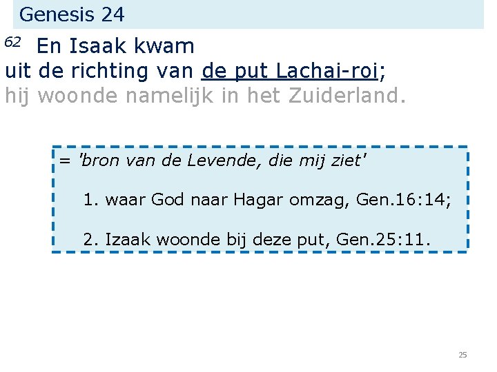 Genesis 24 En Isaak kwam uit de richting van de put Lachai-roi; hij woonde