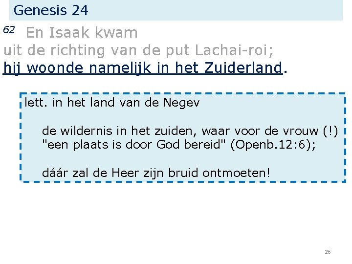 Genesis 24 En Isaak kwam uit de richting van de put Lachai-roi; hij woonde