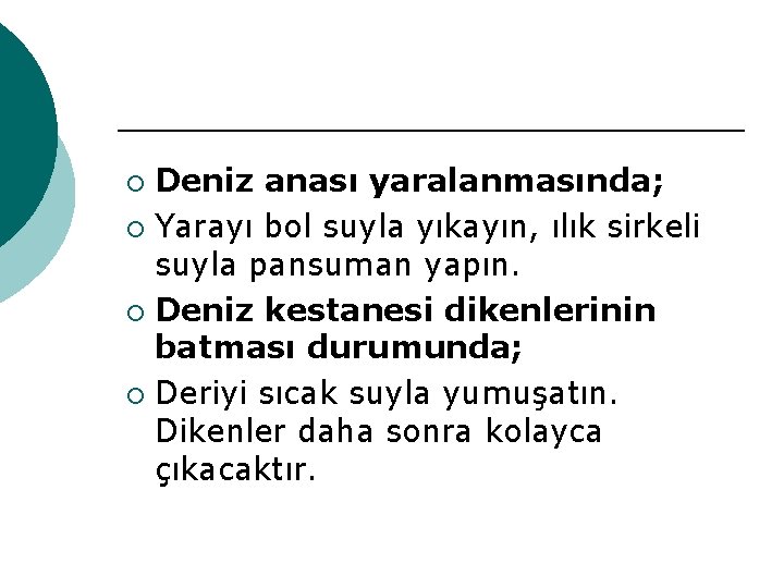 Deniz anası yaralanmasında; ¡ Yarayı bol suyla yıkayın, ılık sirkeli suyla pansuman yapın. ¡