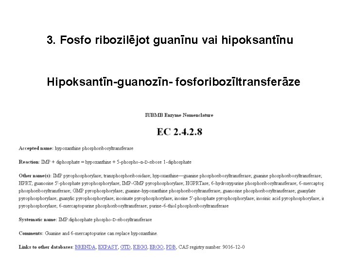 3. Fosfo ribozilējot guanīnu vai hipoksantīnu Hipoksantīn-guanozīn- fosforibozīltransferāze 