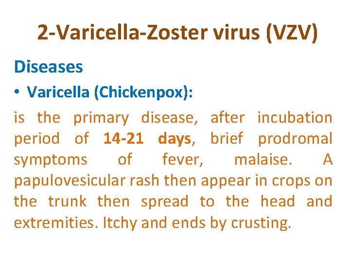 2 -Varicella-Zoster virus (VZV) Diseases • Varicella (Chickenpox): is the primary disease, after incubation