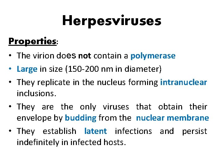 Herpesviruses Properties: • The virion does not contain a polymerase • Large in size