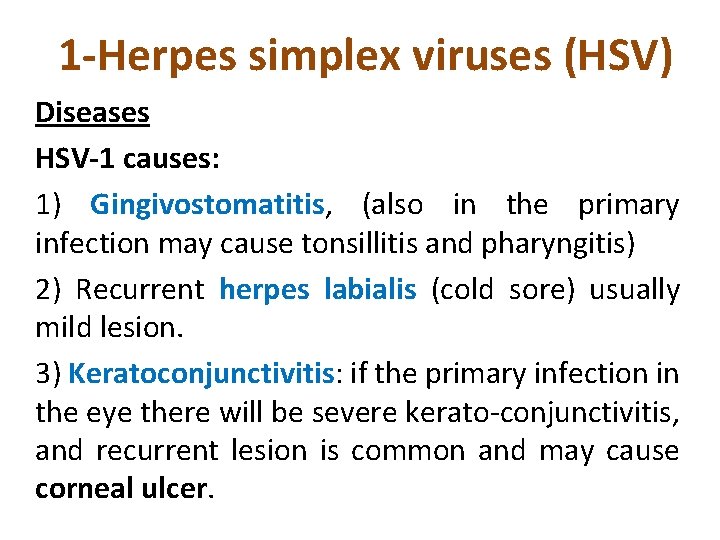 1 -Herpes simplex viruses (HSV) Diseases HSV-1 causes: 1) Gingivostomatitis, (also in the primary