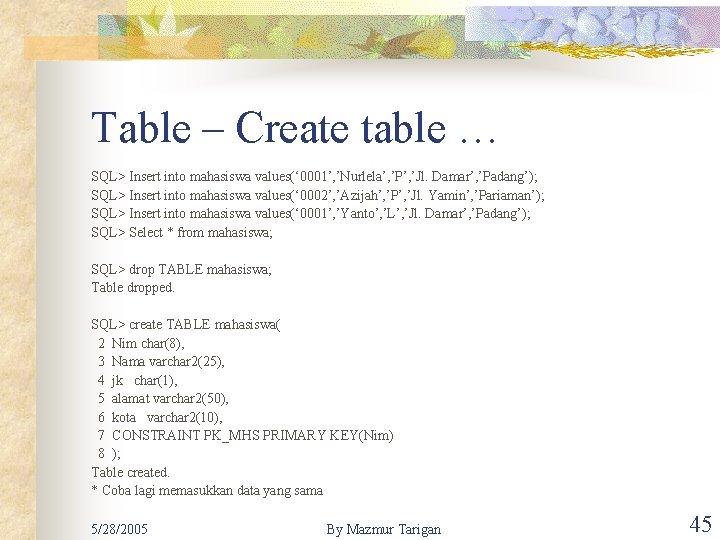 Table – Create table … SQL> Insert into mahasiswa values(‘ 0001’, ’Nurlela’, ’P’, ’Jl.