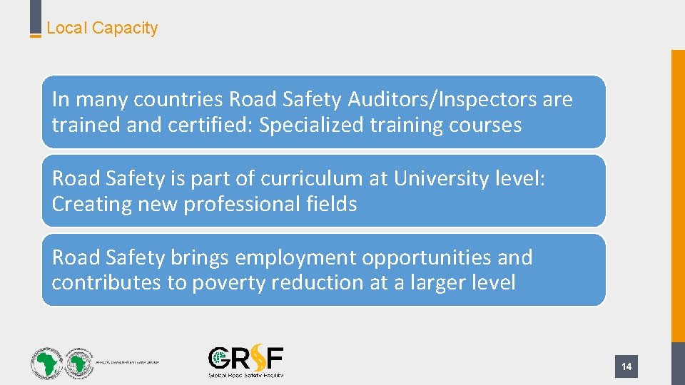 Local Capacity In many countries Road Safety Auditors/Inspectors are trained and certified: Specialized training