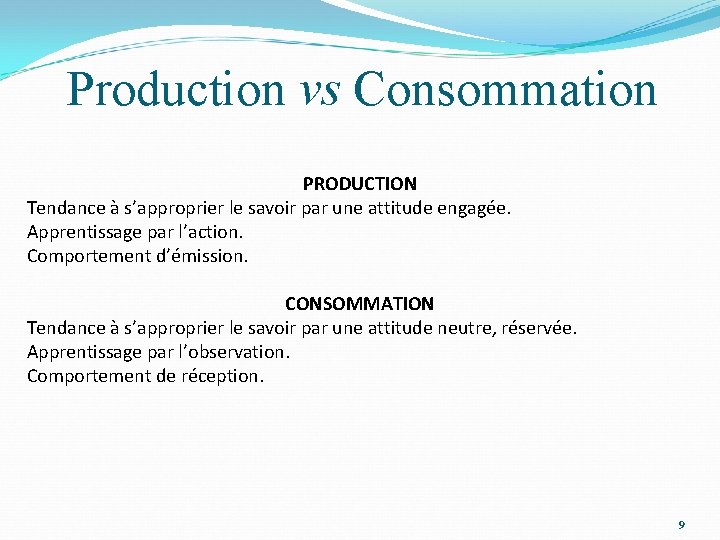 Production vs Consommation PRODUCTION Tendance à s’approprier le savoir par une attitude engagée. Apprentissage