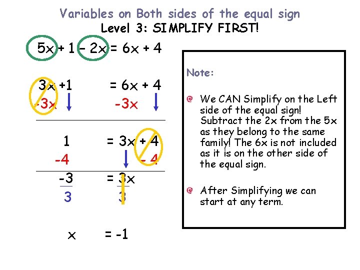 Variables on Both sides of the equal sign Level 3: SIMPLIFY FIRST! 5 x