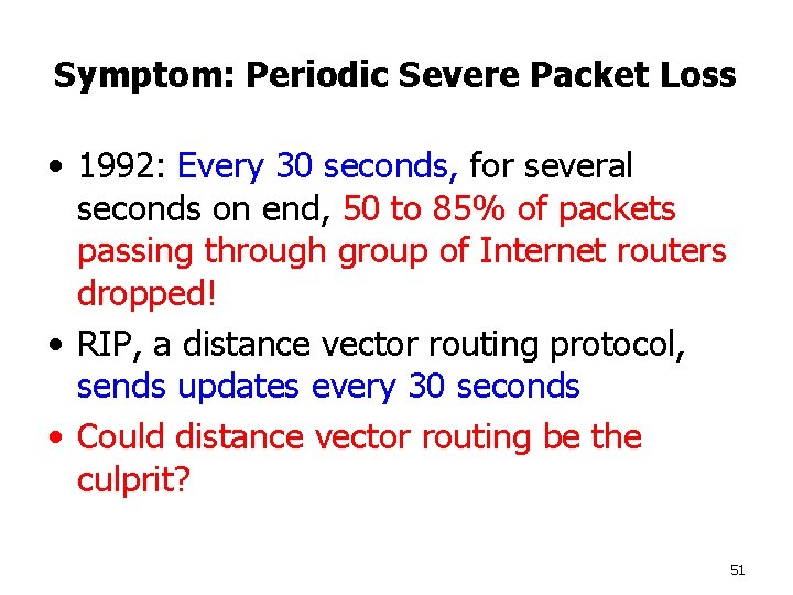 Symptom: Periodic Severe Packet Loss • 1992: Every 30 seconds, for several seconds on