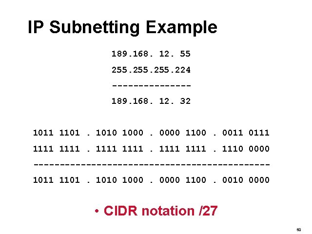 IP Subnetting Example 189. 168. 12. 55 255. 224 -------189. 168. 12. 32 1011