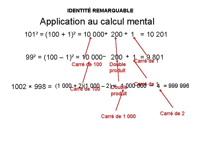 IDENTITÉ REMARQUABLE Application au calcul mental 101² = (100 + 1)² = 10 000+