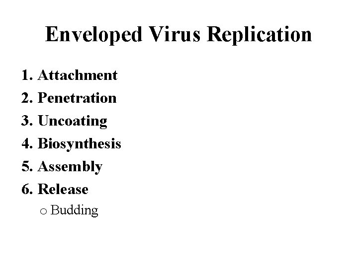 Enveloped Virus Replication 1. Attachment 2. Penetration 3. Uncoating 4. Biosynthesis 5. Assembly 6.