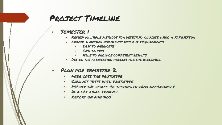 Project Timeline • Semester 1 • • Review multiple methods for detecting glucose using