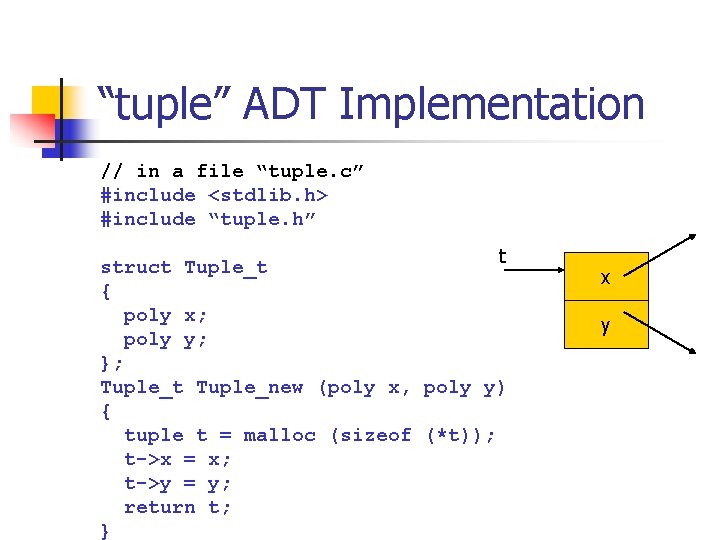“tuple” ADT Implementation // in a file “tuple. c” #include <stdlib. h> #include “tuple.