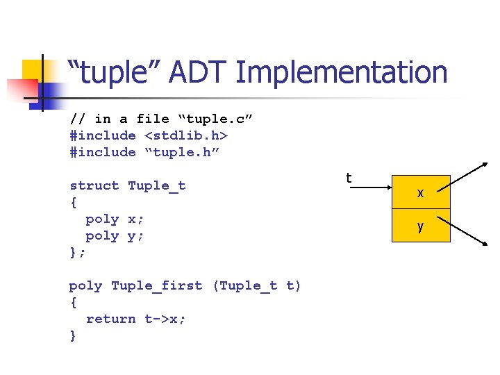 “tuple” ADT Implementation // in a file “tuple. c” #include <stdlib. h> #include “tuple.