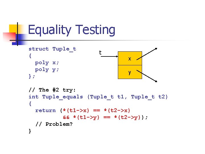 Equality Testing struct Tuple_t { poly x; poly y; }; t x y //