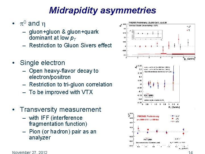 Midrapidity asymmetries • 0 and – gluon+gluon & gluon+quark dominant at low p. T