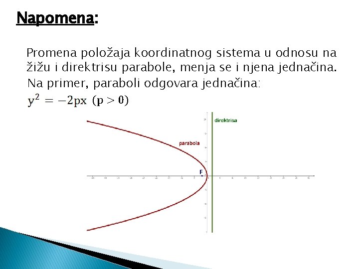 Napomena: Promena položaja koordinatnog sistema u odnosu na žižu i direktrisu parabole, menja se
