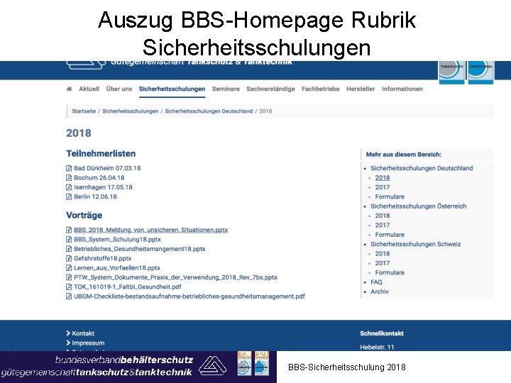 Auszug BBS-Homepage Rubrik Sicherheitsschulungen BBS-Sicherheitsschulung 2018 