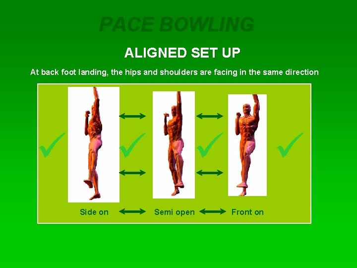 PACE BOWLING ALIGNED SET UP At back foot landing, the hips and shoulders are