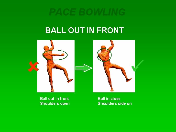 PACE BOWLING BALL OUT IN FRONT û Ball out in front Shoulders open ü