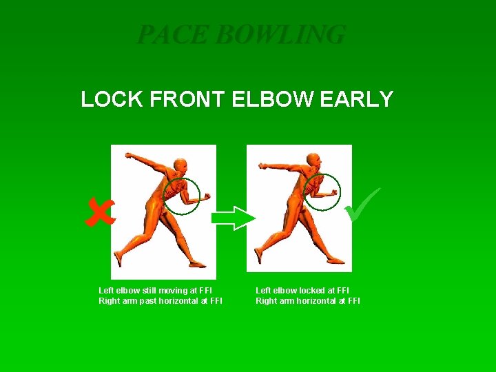 PACE BOWLING LOCK FRONT ELBOW EARLY û Left elbow still moving at FFI Right