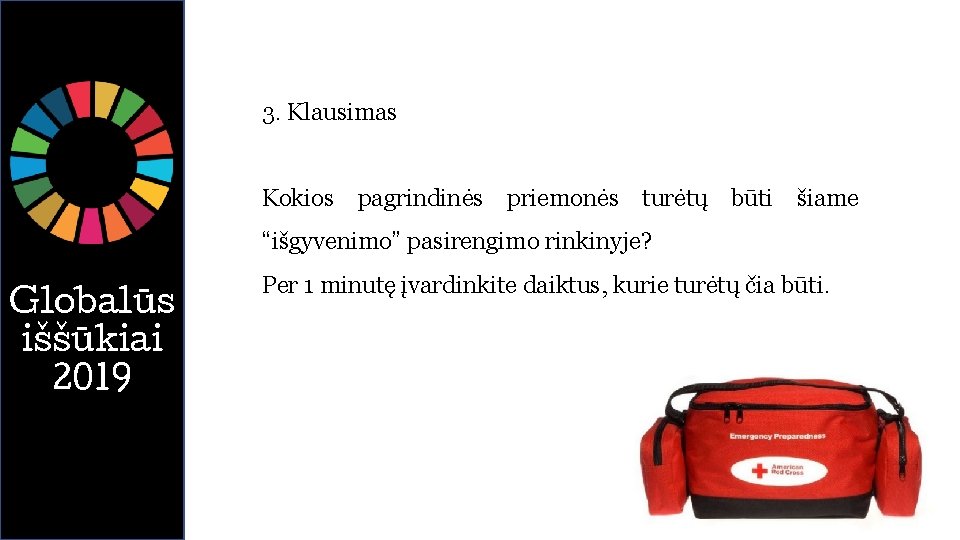 3. Klausimas Kokios pagrindinės priemonės turėtų būti šiame “išgyvenimo” pasirengimo rinkinyje? Globalūs iššūkiai 2019