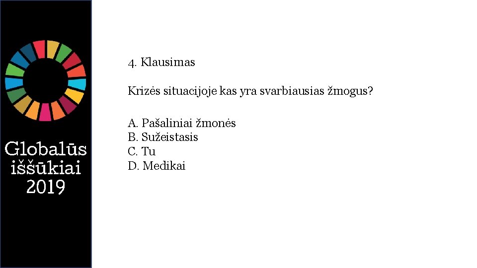 4. Klausimas Krizės situacijoje kas yra svarbiausias žmogus? Globalūs iššūkiai 2019 A. Pašaliniai žmonės