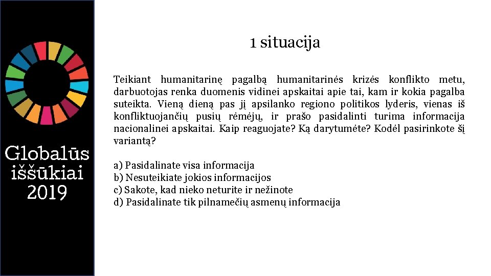 1 situacija Globalūs iššūkiai 2019 Teikiant humanitarinę pagalbą humanitarinės krizės konflikto metu, darbuotojas renka