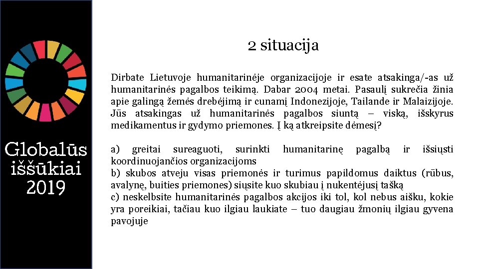 2 situacija Dirbate Lietuvoje humanitarinėje organizacijoje ir esate atsakinga/-as už humanitarinės pagalbos teikimą. Dabar