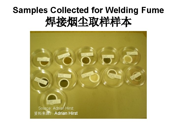Samples Collected for Welding Fume 焊接烟尘取样样本 Source: Adrian Hirst 资料来源： Adrian Hirst 