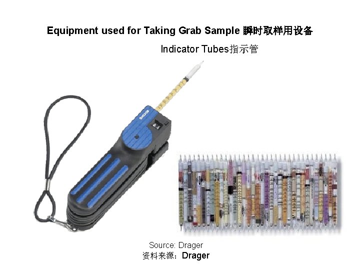Equipment used for Taking Grab Sample 瞬时取样用设备 Indicator Tubes指示管 Source: Drager 资料来源：Drager 