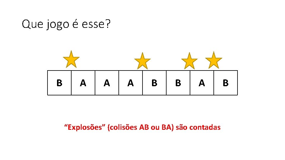 Que jogo é esse? B A A A B B A “Explosões” (colisões AB