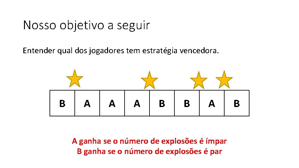 Nosso objetivo a seguir Entender qual dos jogadores tem estratégia vencedora. B A A