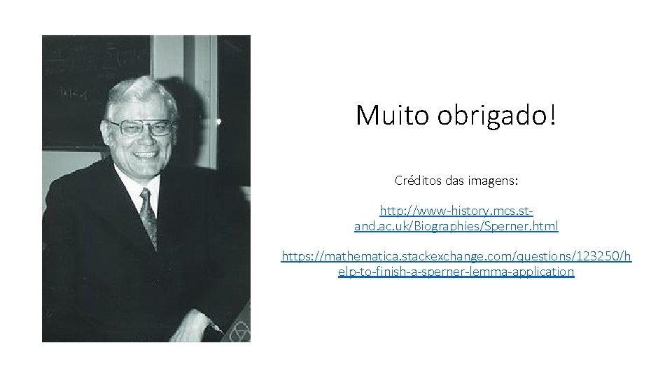 Muito obrigado! Créditos das imagens: http: //www-history. mcs. stand. ac. uk/Biographies/Sperner. html https: //mathematica.