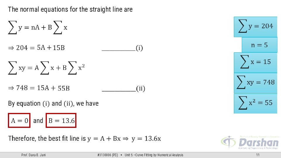 The normal equations for the straight line are Prof. Daxa B. Jani #3130006 (PS) The normal equations for the straight line are Prof. Daxa B. Jani #3130006 (PS)