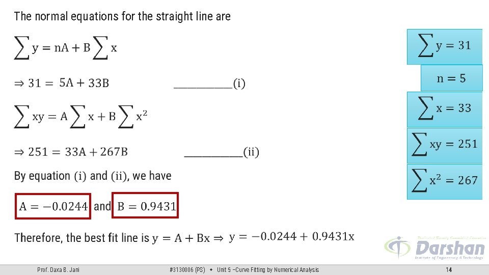 The normal equations for the straight line are Prof. Daxa B. Jani #3130006 (PS) The normal equations for the straight line are Prof. Daxa B. Jani #3130006 (PS)