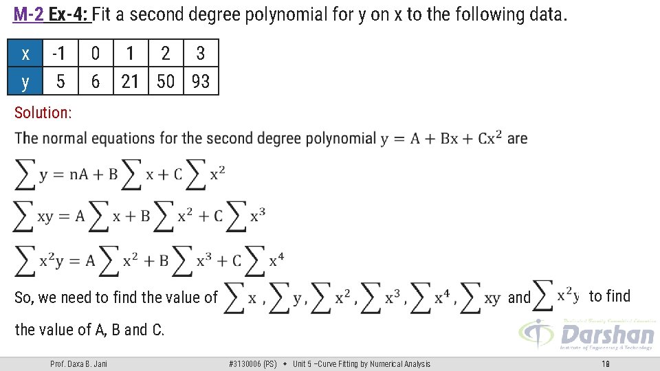 M-2 Ex-4: Fit a second degree polynomial for y on x to the following M-2 Ex-4: Fit a second degree polynomial for y on x to the following