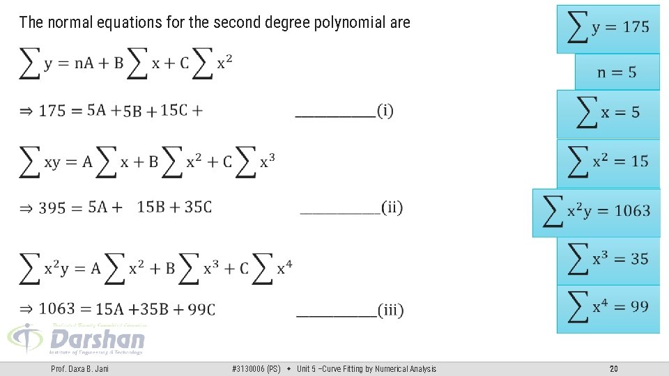 The normal equations for the second degree polynomial are Prof. Daxa B. Jani #3130006 The normal equations for the second degree polynomial are Prof. Daxa B. Jani #3130006