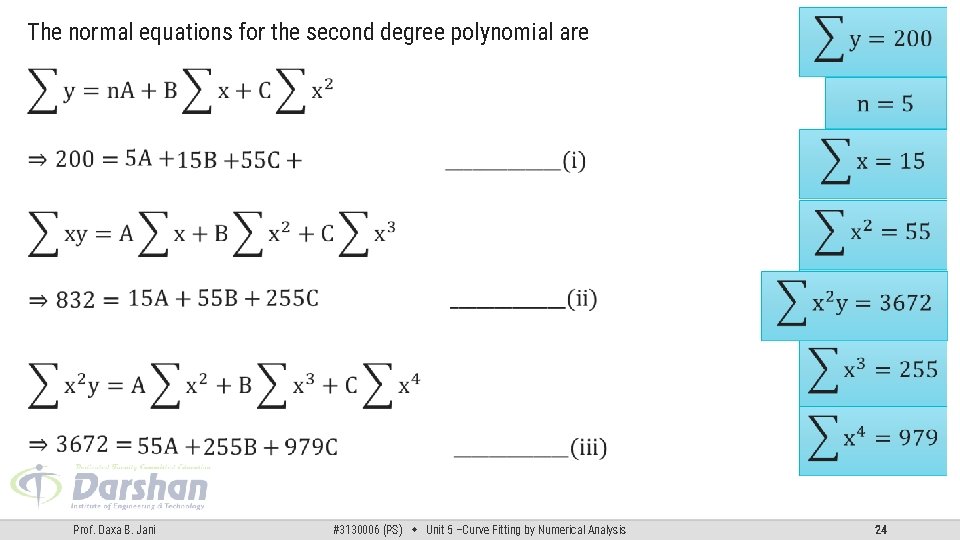 The normal equations for the second degree polynomial are Prof. Daxa B. Jani #3130006 The normal equations for the second degree polynomial are Prof. Daxa B. Jani #3130006