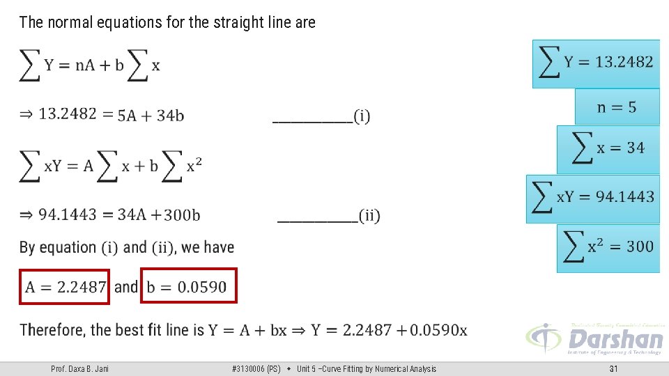 The normal equations for the straight line are Prof. Daxa B. Jani #3130006 (PS) The normal equations for the straight line are Prof. Daxa B. Jani #3130006 (PS)
