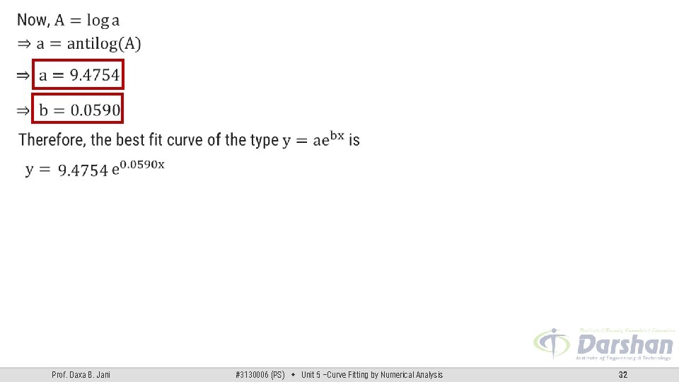 Prof. Daxa B. Jani #3130006 (PS) Unit 5 –Curve Fitting by Numerical Analysis 32 Prof. Daxa B. Jani #3130006 (PS) Unit 5 –Curve Fitting by Numerical Analysis 32