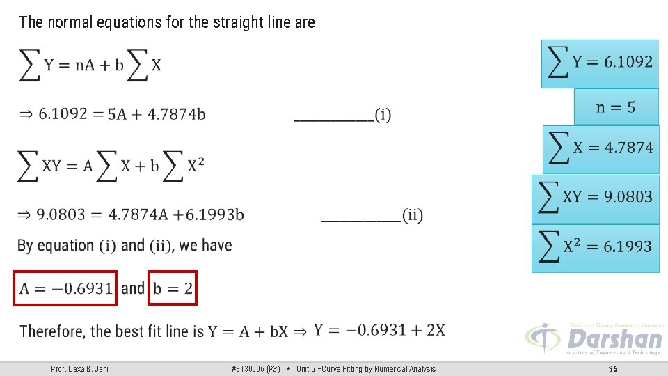 The normal equations for the straight line are Prof. Daxa B. Jani #3130006 (PS) The normal equations for the straight line are Prof. Daxa B. Jani #3130006 (PS)