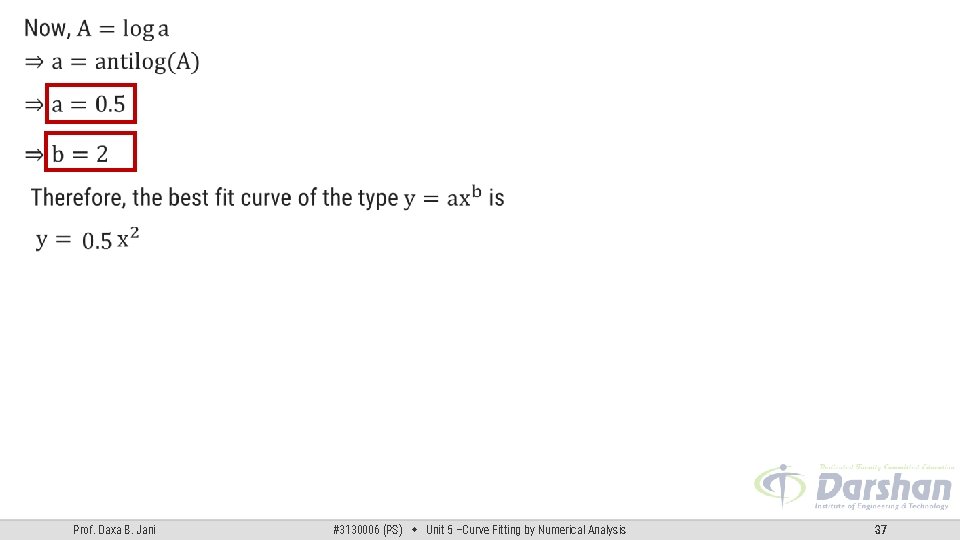 Prof. Daxa B. Jani #3130006 (PS) Unit 5 –Curve Fitting by Numerical Analysis 37 Prof. Daxa B. Jani #3130006 (PS) Unit 5 –Curve Fitting by Numerical Analysis 37
