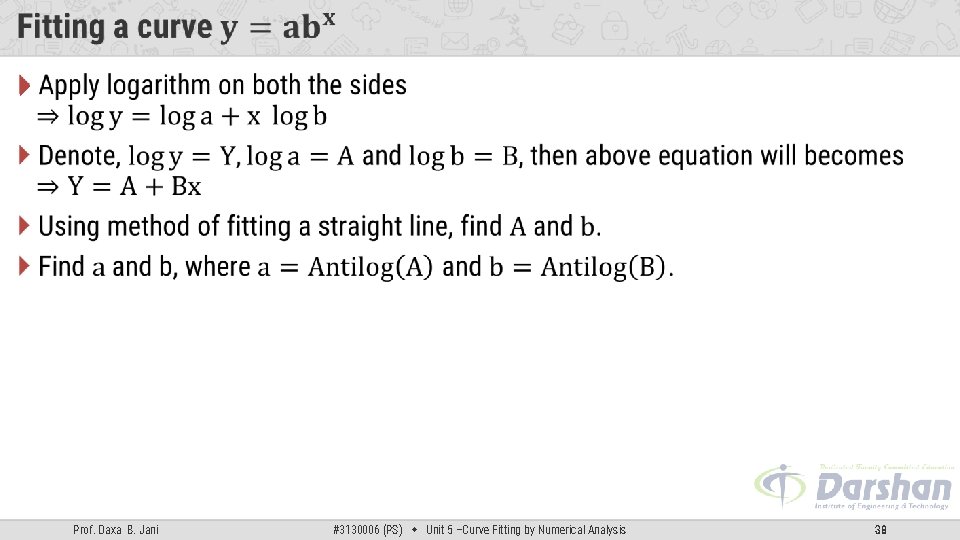 Prof. Daxa B. Jani #3130006 (PS) Unit 5 –Curve Fitting by Numerical Analysis  Prof. Daxa B. Jani #3130006 (PS) Unit 5 –Curve Fitting by Numerical Analysis